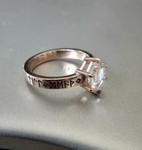 The Frigg Ring | Elongated Hexagon Diamond Engagement Ring | Hand-Engraved Norse Runes in 14k Rose Gold | Alternative Viking Bridal & Pagan Wedding Band | PenelliBelle