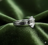 The Frigg Ring | Elongated Hexagon Diamond Engagement Ring | Hand-Engraved Norse Runes in 14k Rose Gold | Alternative Viking Bridal & Pagan Wedding Band | PenelliBelle