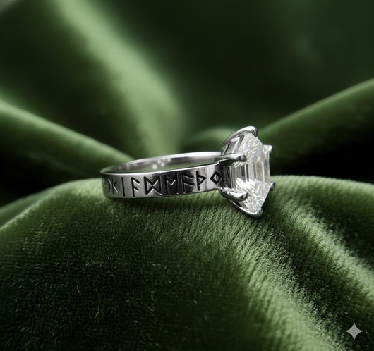 The Frigg Ring | Elongated Hexagon Diamond Engagement Ring | Hand-Engraved Norse Runes in 14k Rose Gold | Alternative Viking Bridal & Pagan Wedding Band | PenelliBelle