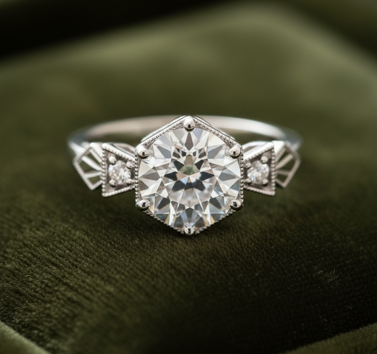 Art Deco engagement ring on dark olive green velvet