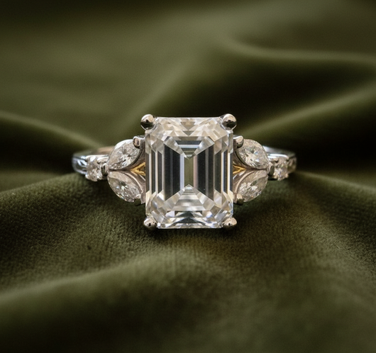 Emerald-cut ring on dark olive green velvet