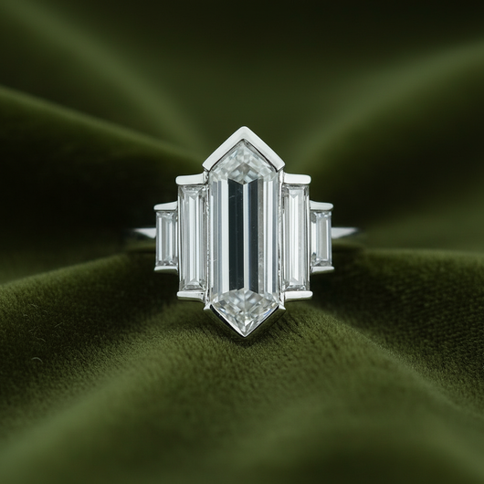 Minerva Ring on dark olive green velvet without sparkle effects