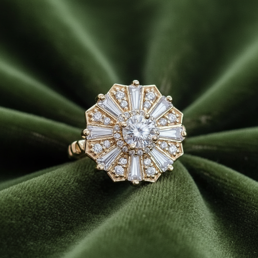 The Vivian ring on dark olive green velvet