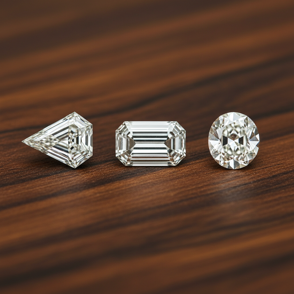 Three antique cut diamonds on wood grain