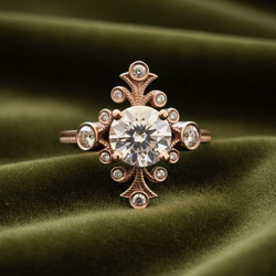 Vintage-inspired ring on dark olive green velvet