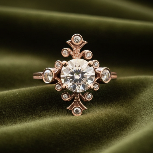 Vintage-inspired ring on dark olive green velvet